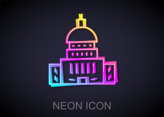 Glowing neon line White House icon isolated on black background. Washington DC. Vector