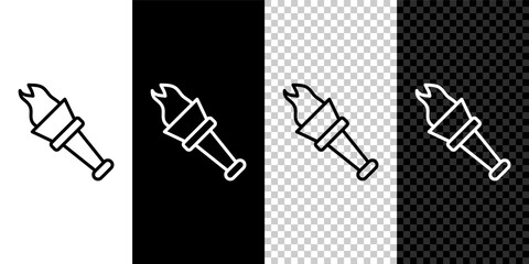 Set line Torch flame icon isolated on black and white, transparent background. Symbol fire hot, flame power, flaming and heat. Vector