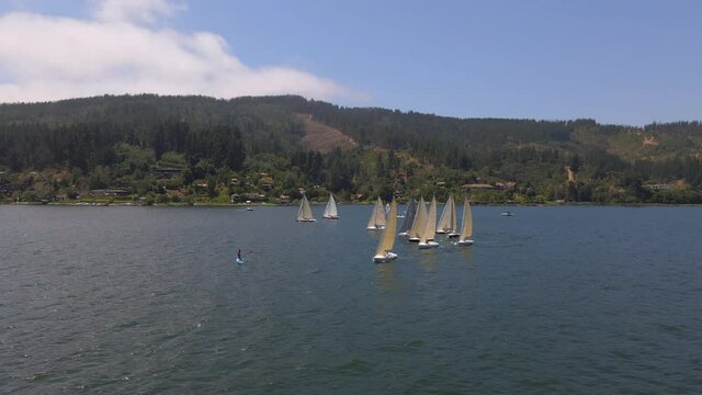 AERIAL - Sailboats in Lake Vichuquen, Chile, wide spinning shot