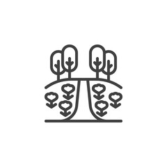 Rural landscape with flower field and trees line icon