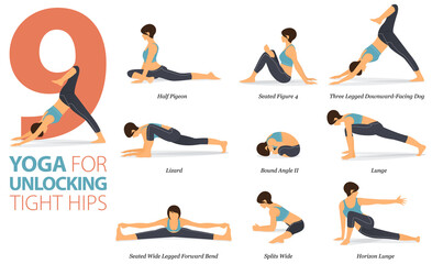 9 Yoga poses or asana posture for workout in Yoga for Unlocking Tight Hips concept. Women exercising for body stretching. Fitness infographic. Flat cartoon vector