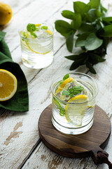 Cold lemonade with ice and mint.