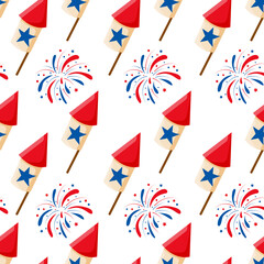 USA firework, rocket and stars seamless pattern background for national american holidays design. 4th of july celebration pattern