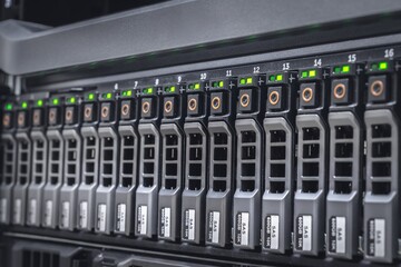 Storage server with many HDD disks inside rack in server room