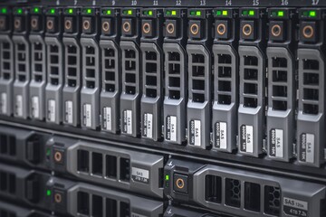 Storage server with many HDD disks inside rack in server room