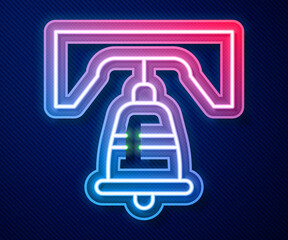 Glowing neon line Liberty bell in Philadelphia icon isolated on blue background. Vector