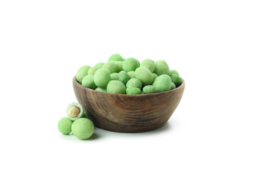 Bowl of wasabi nuts isolated on white background