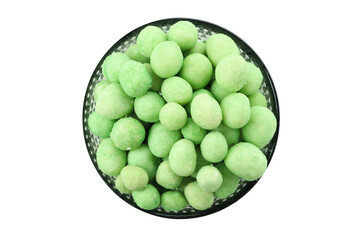 Bowl of wasabi nuts isolated on white background