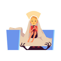 Scared child afraid of imaginary monster, flat vector illustration isolated.