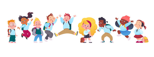 Fototapeta na wymiar Portrait of happy school kids group standing together on white background. Boys and girls characters with backpacks jumping, laughing and having fun. Vector flat cartoon illustration. For banners, ads