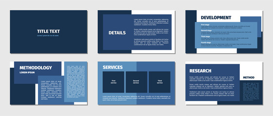 Presentation template. Blue rectangles flat design, white background. 6 slides. Title, development, methodology, services, research.