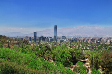 Panoramic view of Torre Costanera, The skyscraper in Santiago, Chile from San Cristobal Hill, Chile