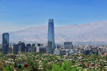 Panoramic view of Torre Costanera, The skyscraper in Santiago, Chile from San Cristobal Hill, Chile