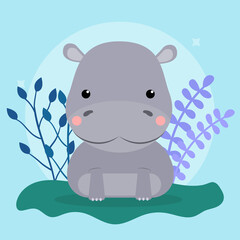 Cute hippo poster and merchandising with leaves background