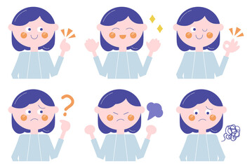 女性上半身の線なしイラスト）表情・ポーズのセット