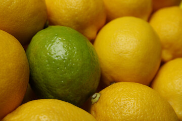 Ripe lemons and lime, close up and selective focus