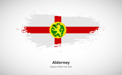 Creative happy national day of Alderney country with grungy watercolor country flag background