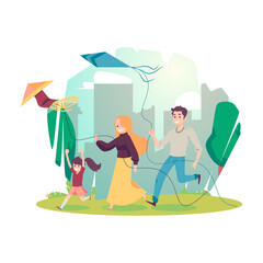 Happy family mother, father and kid girl having fun with flying kite