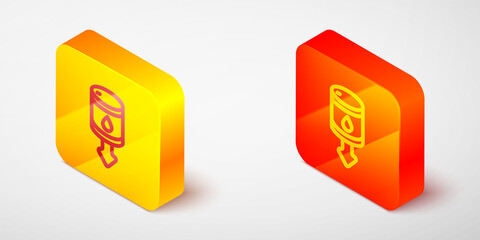 Isometric line Drop in crude oil price icon isolated on grey background. Oil industry crisis concept. Yellow and orange square button. Vector