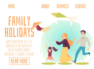Happy family with girl kid having fun with flying kite a vector illustration.