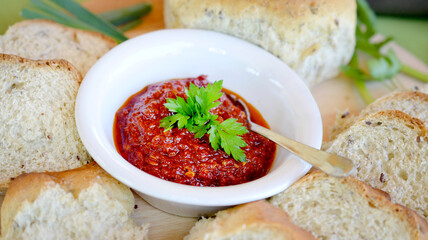 traditional macedonian food pindjur spread and homemade bread.