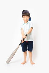 little Asian boy in shirt and cap with a baseball bat isolated on white background.