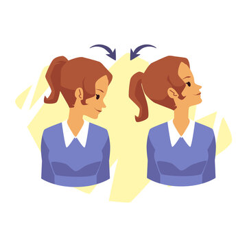 Woman doing head rotations from side to side, flat vector illustration isolated.