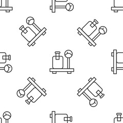 Grey line Scale with suitcase icon isolated seamless pattern on white background. Logistic and delivery. Weight of delivery package on a scale. Vector