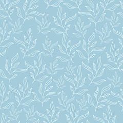 pastel blue leaves seamless patterns set. botanical floral hand drawn lineart flower elements. packaging wrapping fabric textile design