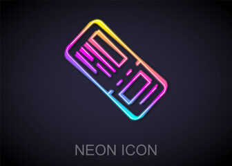 Glowing neon line Airline ticket icon isolated on black background. Plane ticket. Vector