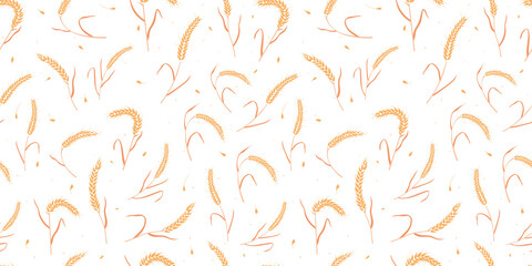 Seamless pattern with whole grain seeds organic, natural ears isolated on white background flat style design vector illustration. Wheat, barley or rye ears with straw chaotic version.