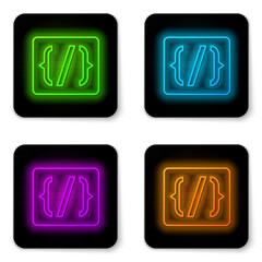 Glowing neon line Programming language syntax icon isolated on white background. Syntax programming file system. Black square button. Vector