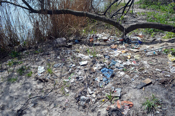 Ecology of Ukraine. Trash near the lake in Ukrainian capital. Environmental contamination. Illegal junk dump. Kiev , Ukraine