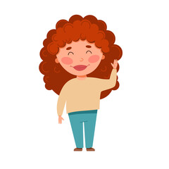 A curly-haired, light-skinned, red-haired girl waves. Vector funny childrenes character in cartoon style.