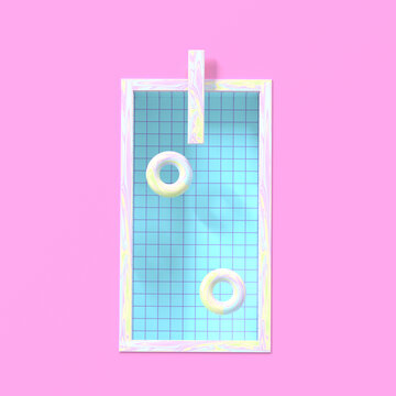 3D render. Tie dye swimming pool with rubber circles on pink sand. Minimalistic style, aesthetic and surrealism. Summer vacation vibes.