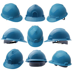 Set collection of blue protective construction safety helmet isolated on white