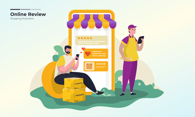 Illustration of customer feedback with positive reviews and give a five star rating concept