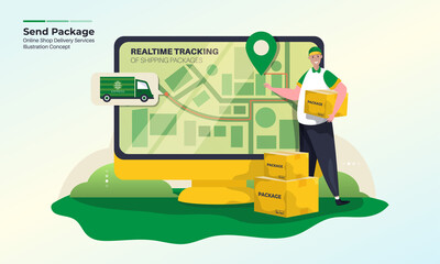 Naklejka premium Illustration of delivery services with tracking packages in real time concept