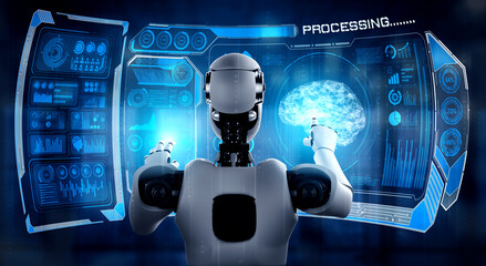 AI humanoid robot touching virtual hologram screen showing concept of big data analytic using...