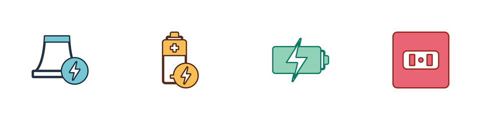 Set Nuclear power plant, Battery, and Electrical outlet icon. Vector