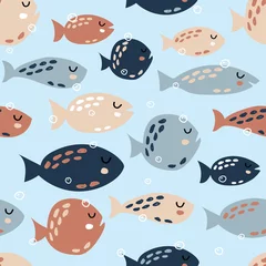 Tapeten Kindisches nahtloses Muster mit niedlichen Fischen. Kreative Textur für Stoff, Textil © ihorzigor