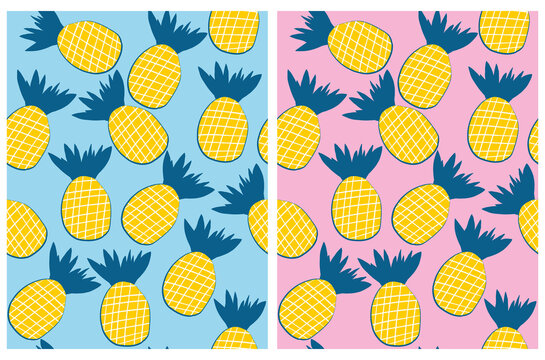 Funny Hand Drawn Tropical Fruits Seamless Vector Pattern. Yellow Pineapples Isolated on a Light Pink and Pink Background. Simple Juicy Fruits Repeatabe Design ideal for Fabric, Textile Wrapping Paper.