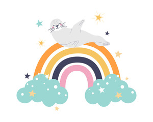 A funny cute seal lies on a colorful rainbow with clouds and stars on a white background. Vector flat cartoon illustration. Decor for children's posters, postcards, clothing and interior