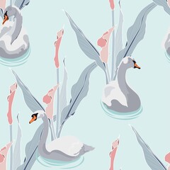 Beautiful seamless pattern with swans bird and callas lilies flowers illustration on blue mint  background.
