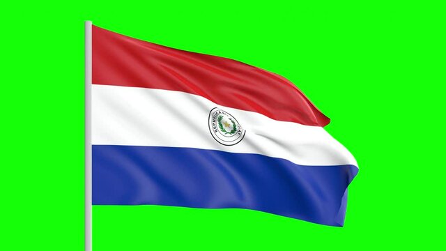 National Flag Of Paraguay Waving In The Wind on Green Screen With Alpha Matte