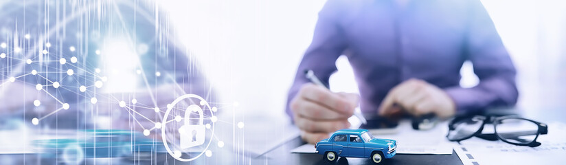The insurance agent signs a document. Car insurance policy. Auto insurance policy. Forms for...