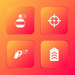Set Hand grenade, Target sport, Pistol gun and Chevron icon. Vector