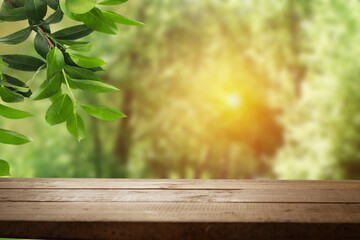 empty space on a wooden table for your product on an abstract green sunny background.