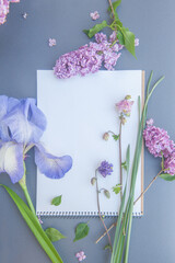 Empty space vertical notepad list with gentle flowers, cute floral banner