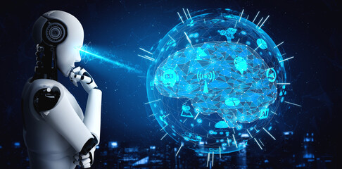 Thinking AI humanoid robot analyzing hologram screen shows concept of network global communication using artificial intelligence by machine learning process. 3D illustration computer graphic.